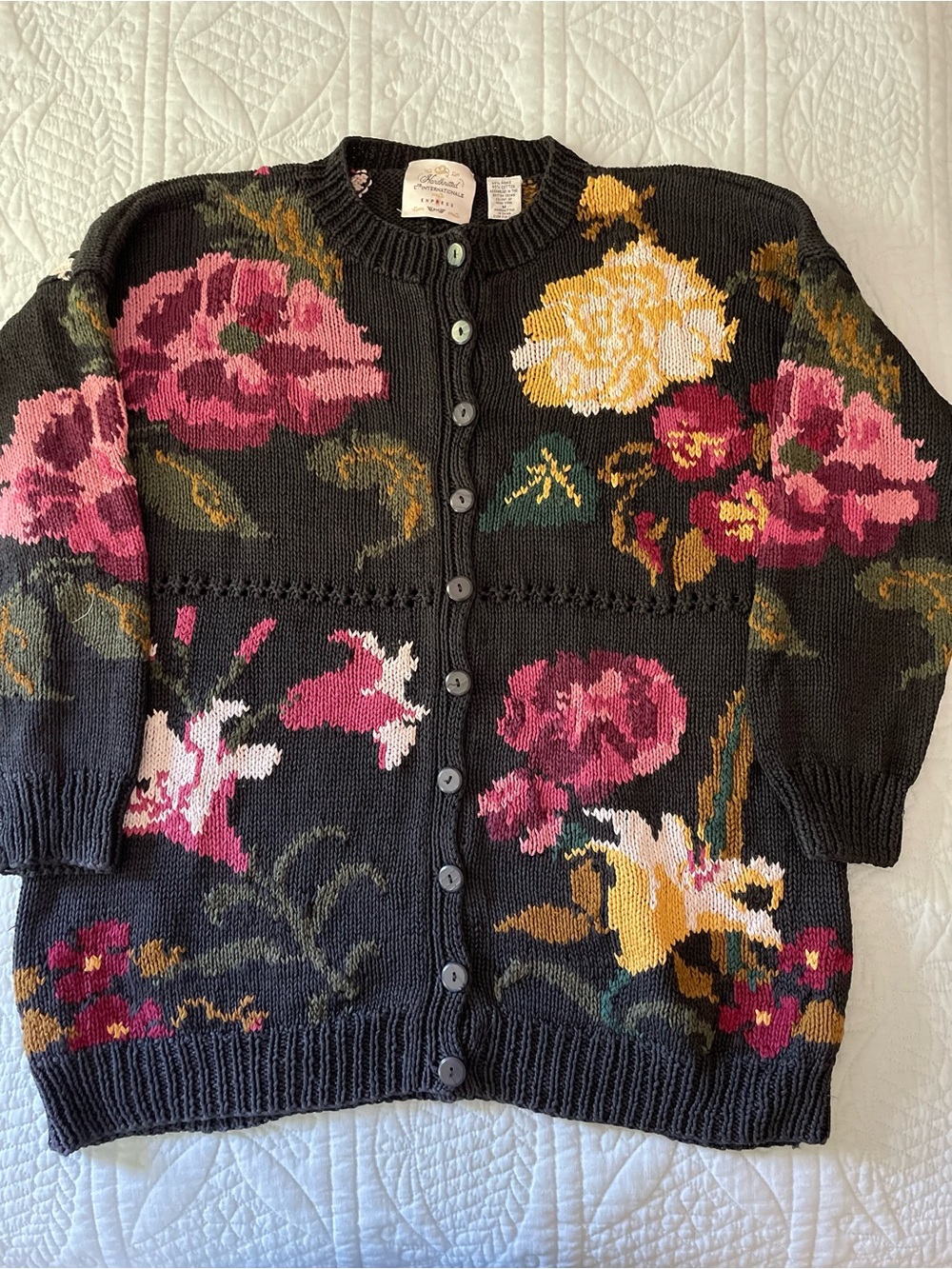 Vintage Handknitted Internationale Express Floral Black Cardigan Sweater Med